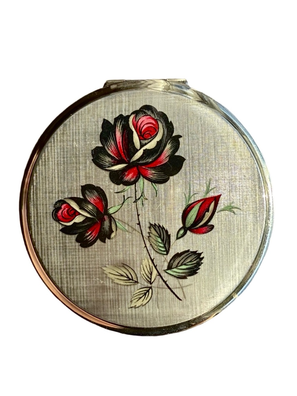 Vintage Mid Century Stratton Silver Tone Red & Black Rose Floral Round Compact